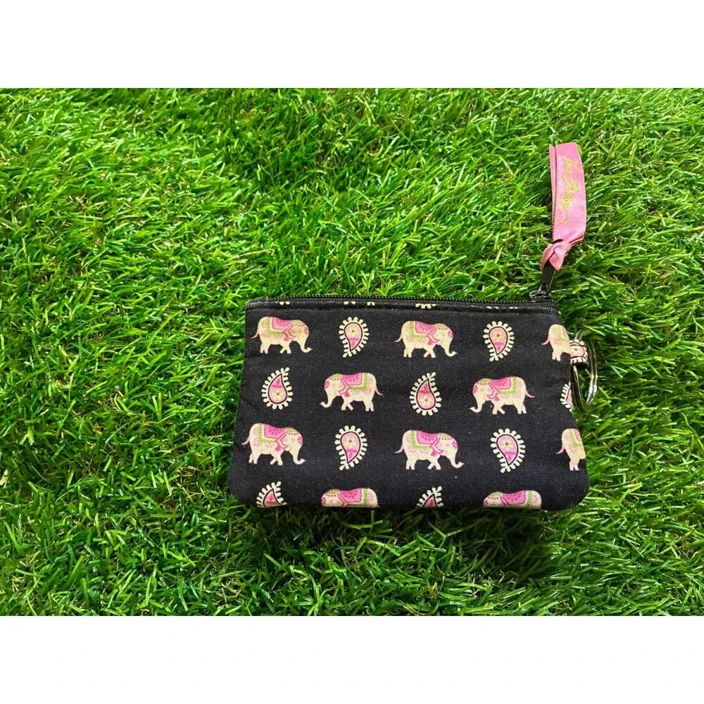 Vera Bradley ID Zip Wallet Card Holder Key Ring Elephant Paisley Black Pink